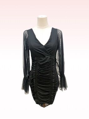 Nwt CAPSULLE Black Plunge Ruched Dress Tulle Sleeves (Sz L)